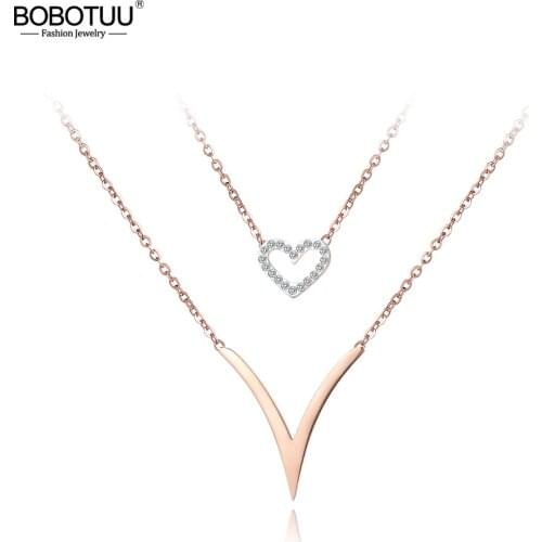 BOBOTUU Trendy Cubic Zirconia Heart Double Chain Link Necklace Jewelry Titanium Steel Rose Gold Color Necklace For Women BN18060