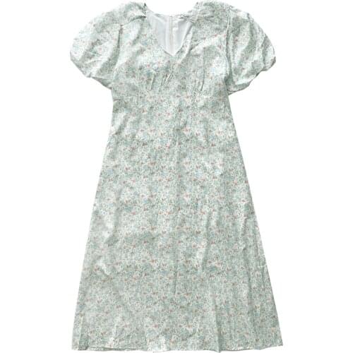 Oil painting floral retro temperament V-neck puff sleeve waist slim dress