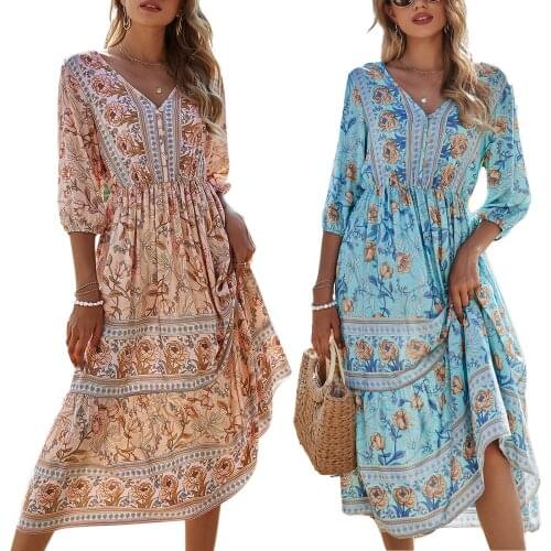 Fashion Temperament High Waist A-line Skirt Women Summer Bohemian Style Floral Printing V-neck Half Sleeve Beach Long Dress