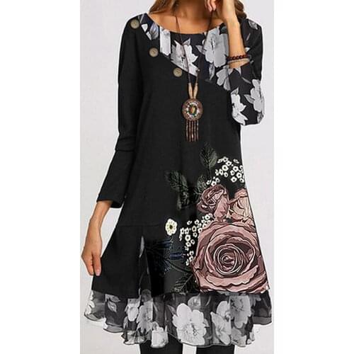 2021 Autumn Vintage Flower Print A-Line Dress Women Elegant Patchwork Irregular Dress Casual O Neck Long Sleeves Dresses Vestido