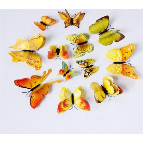 12PCS Creative 3D Purplish Red Yellow Dual Wing Butterfly Style Wall Stickers For Sofa Decoration TV Background Wall Home Decor