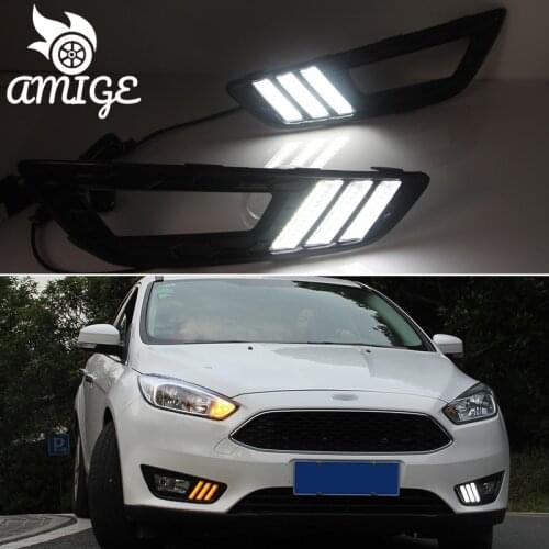 12V LED DRL Daylights For Ford Focus 3 MK3 2015 2016 2017 2018 Yellow Turn Signal Auto Bulb Headlamps Car Daytime Running Lights