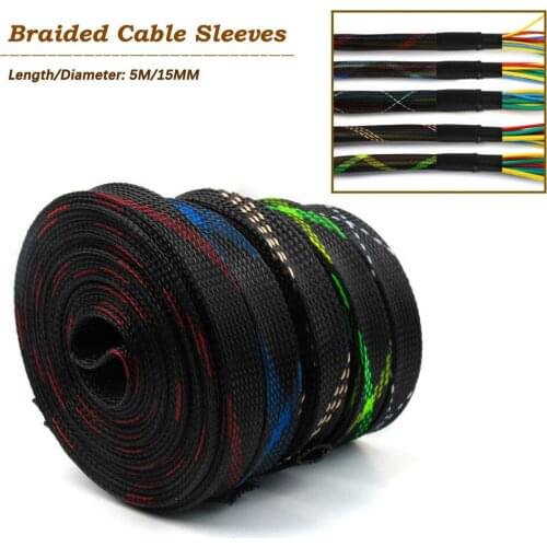 15mm Insulation Expandable 150% Braided Cable Sleeving Gland Wire Sheathing 5 Colors PET Nylon Wire Cable Sleeves Length 5M