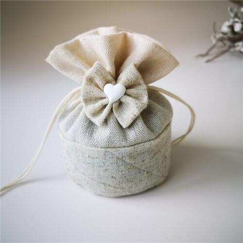 2pcs Linen Jute Drawstring Pouch Cotton Handmade Bowknot Packages for Packaging Gift Wedding Party Christmas Candy Bag 11.5x11cm