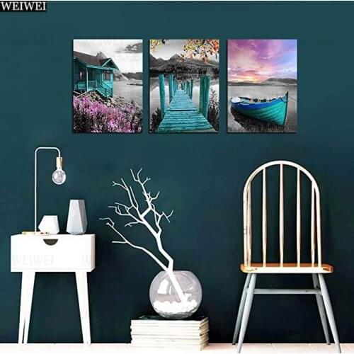 Modern Seascape 3 Panels Landscape Ocean Teal Blue Dolphin Painting Sailboat Pictures Artwork For Living Room Bathroom Decor