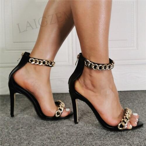 BERZIMER FASHION Women Sandals Chains High Heels Ladies Pumps Summer Party Pumps Zapatos Black Shoes Woman Big Size 39 43 44 47