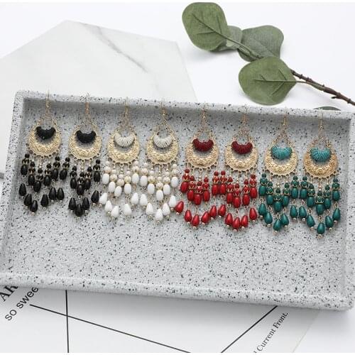 Bohemian Ethnic Long Layered Beads Tassel Earrings for Women Retro Hollow Statement Rope Wrap Geometric Earrings Jewelry