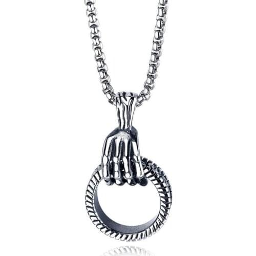 Retro Ghost Skeleton Hand With Rattle Pendant Necklace Stainless Steel Punk Hip Hop Male Jewelry with 22inch