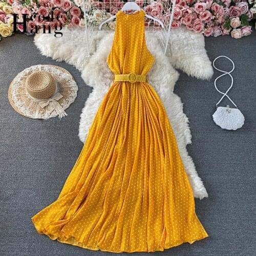 HangCode 2021 Summer Elegant Polka Dot Women Dress Holiday Style Big Swing Pleated Long Maxi Dress with Belt Beach Vestidos
