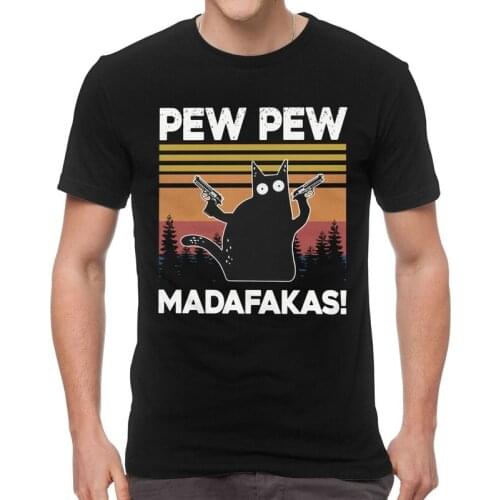 Humor Kawaii Pew Pew Madafakas T Shirts Men Short Sleeve Cotton T-shirt Funny Black Cat Tee Tops Novelty Tshirts Gift