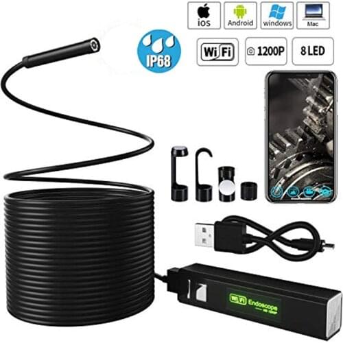 WiFi Endoscope Camera 8MM 8LEDs 1200P 2.0MP Industrial Inspection Borescope Camera IP67 Waterproof for IPhone Android Phone