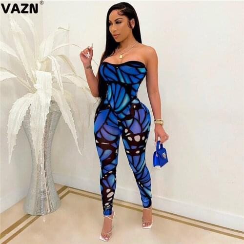 VAZN 2021 European and American Summer Jumpsuit Long Pants Female Commuter Casual Print Sexy Nightwear
