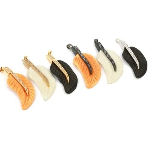 New Style Amazing Long Feather Bone Pendant Unique Design Hematite Bead Necklace With CZ Micro Pave Pendant Jewelry