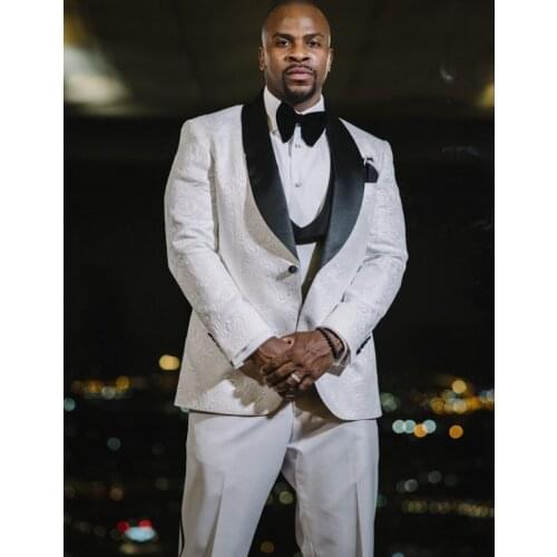 New Style Groomsmen White and Black Groom Tuxedos Shawl Lapel Men Suits Wedding Best Man 3 Pieces ( Jacket+Pants+Vest+Tie ) D95
