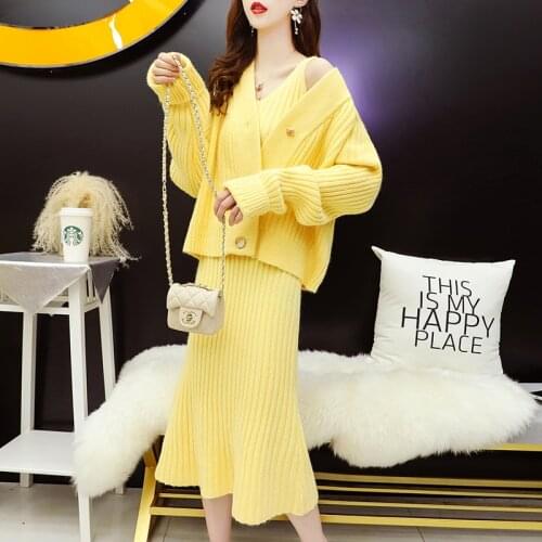 Sweater Dress Set Women Spring Autumn 2021 New Fashionable Single-breasted Knitted Jacket + Knitted Dress With Sling Two-piece35