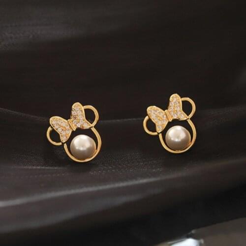 Korean Crystal Pearl Stud Earrings For Women Simple Bow Small Earring Fashion Ear Jewelry Wedding Gift Wholesale