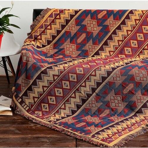 Moroccan Style Geometric Woven Sofa Covers Blanket With Tassels Classic Bohemian Cotton Travel Blanket Slipcovers Protect Cover