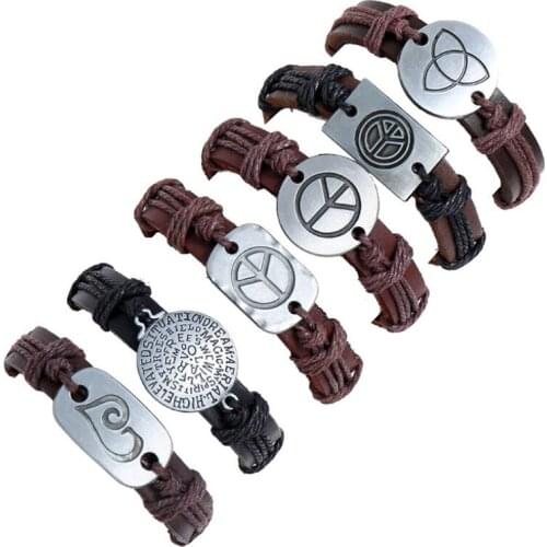 Vintage Retro Peace Bracelets Set Black Brown Leather Men Women Wristbands Peace Heart Charms Bangle Casual Fashion Jewelry Gift