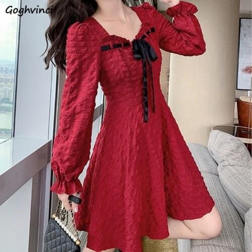 Vintage Dresses Womens Chiffon Bow Square Collar Long Butterfly Sleeve Korean Style Comfortable Elegant Fashion Simple Chic Hot