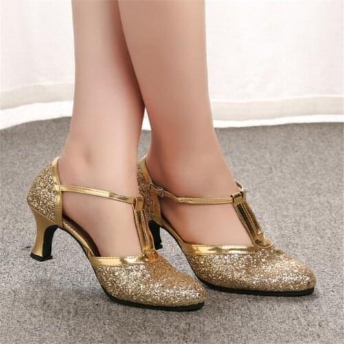 Golden womens shoes 2019 womens shallow shoes Latin dance shoes high heels low with womens wedding party shoes gold silver