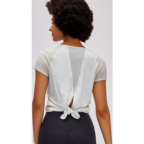 Womens Yoga Short Sleeve Solid Color Bandage Sports t-shirt Fashion Beauty Back Loose Quick-drying Breathable Blouse