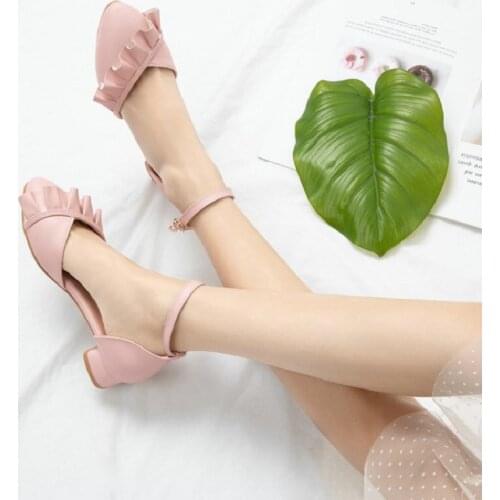 HOT 2021 PUNEW Round Toe Sweet Lady Summer Shoes Chunky Low Heels Womens Sandals with Ruffles Plus Size 33-40 Sandals