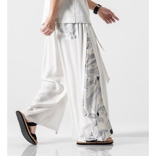 Plus Size Men Wide Leg Pants Printing Stitching Chinese Vintage Style Summer Elegant Straight Linen Loose Skirt Pants /M-5XL