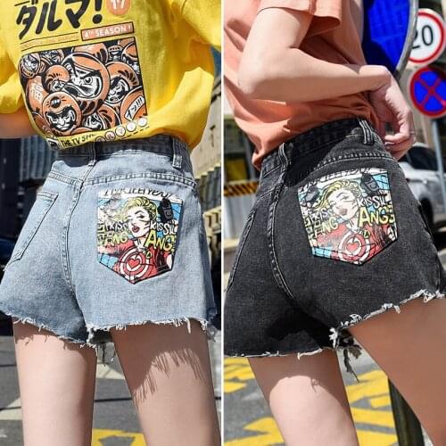 Female Denim Shorts Washed Ripped Shorts Hong Kong Style Portrait Painted Personality Pocket Print Asymmetric Hot Pants Summer