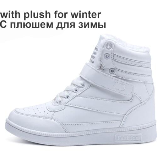 2019 Women Winter Sneakers warm plush inside Hidden Increasing autumn shoes PU Leather Shoes Woman High Top White Shoes ST213