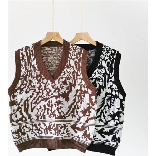 2021 Spring Autumn V Neck Women Sweater Vest Vintage Style Chic Print Short Knit Tank Tops Female New Knitted Sleeveless Sweater