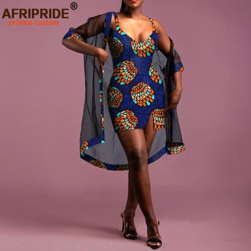 African Dresses for Women Mini Dress and Veils 2 Piece Set Sexy Outfits Dashiki Print Clothes V-Neck Sleeveless Outwear A2026002