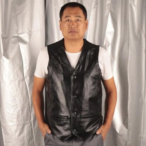 Black Genuine Mens Leather Male Casual Cowhide Waistcoat Jacket Tank Top Moto Biker Vest High Quality