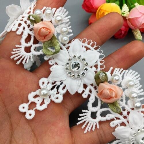10x 3D Diamond Flower Pearl Embroidered Tassel Lace Trim Fabric Ribbon Handmade Wedding Clothes Sewing Craft For Costume Decor