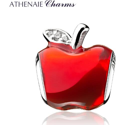 ATHENAIE Silver 925 Bead Clear CZ Red Enamel Lucky Fruit Apple Charms Fit Bracelet & Bangle and Necklace Women Gifts