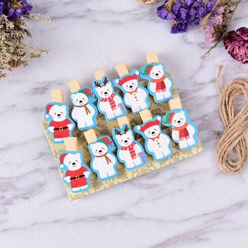 10PCS/Set Christmas Bear Wood Clips Photo Paper Pegs Clothespin Craft Decor