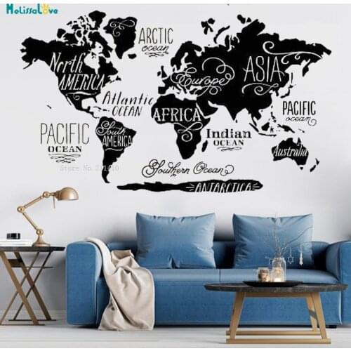 Detailed Labeling Of Continents And Oceans World Map Wall Stickers Home Décor Living Room Art Words Vinyl Decals Handmade YT4510