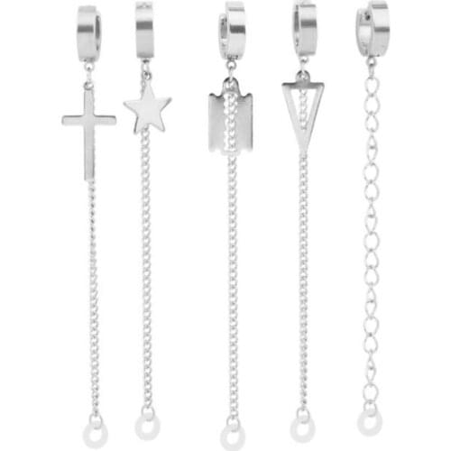 Long Dangle Earrings Kpop For Men Women Stainless Steel Cross Blade Stars Tassel Chain Drop Earrings Set Anti-lost Earphone