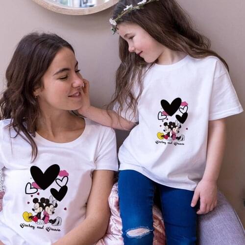 Mickey Mouse T Shirt Summer Short Sleeve Casual O-neck Tshirts Disney Cartoon Harajuku Family Matching Clothes Mother Kids Tops