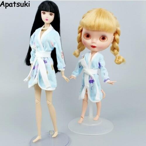 Blue Ballet Girl Bathrobe For Barbie Doll Accessories Bathroom Suits Winter Pajama Wear Sleeping Casual Clothes For Blythe Toys