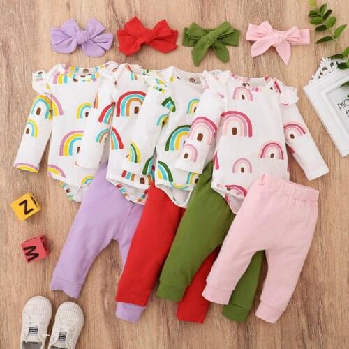 0-24Months Infant Baby Girls Long-sleeved Rainbow Floral Print Romper+Soild Pants Set diadema niña Leisure three-piece suit M5