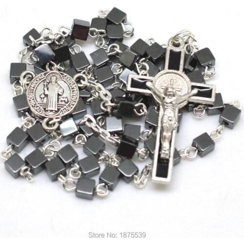 Fashion St Benedict Rosary 4 mm Square Hematite Bead