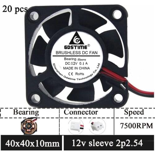 20pcs Gdstime 3D Printer Cooling Fan 12V 40mm 4cm 4010 Printer Cooling DC Brushless Fan Mini Fans 40x40x10mm