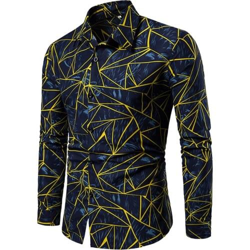 Autumn Fashion Geometry Print Casual Slim Fit Shirt Mens Long-sleeved Turn Down Collar Shirt Streetwear Men Club Prom Shirts