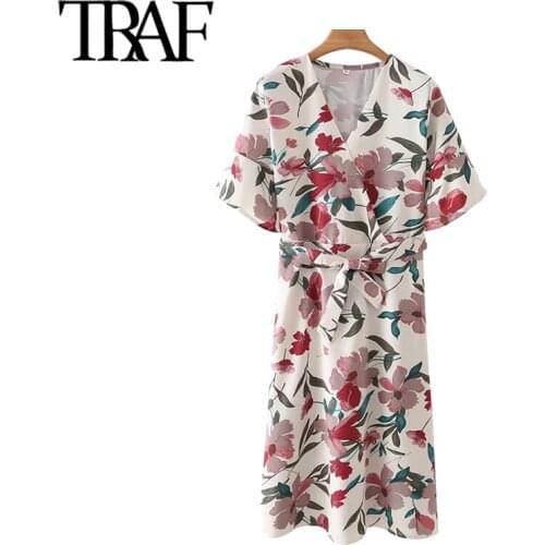 TRAF Women Chic Fashion Bow Tie Sashes Floral Print Midi Dress Vintage V Neck Short Sleeve Female Dresses Mujer
