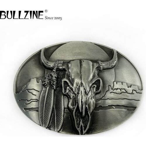 The Bullzine bull head belt buckle with pewter finish FP-02587-1 suitable for 4cm width snap on belt
