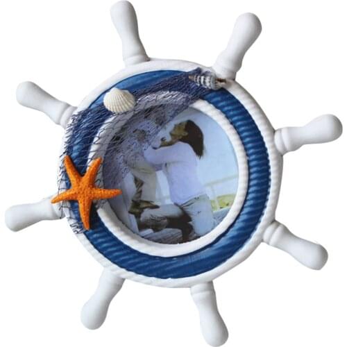 Nautical Mediterranean Style Nordic Handcrafted Wooden Rudder Shell Sea Star Photo Frame Steering Wheel Home Decoration