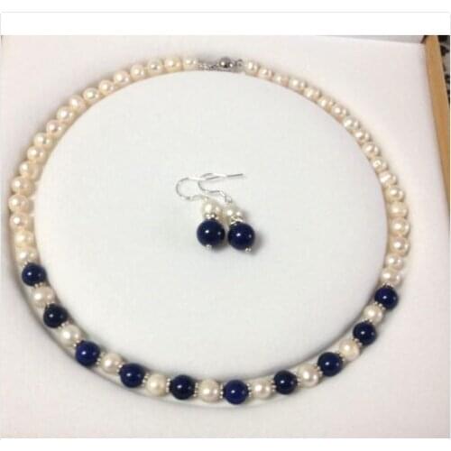 Wedding Woman AA 18'' 9-10MM White Freshwater Pearl Necklace Set Earring Lapis Lazuli Bead Real Natural Pearl Handmade