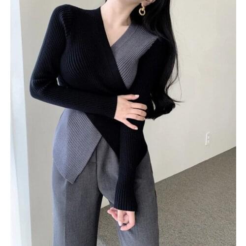 New Arrive 2021 Autumn Winter Womens Color Contrast Sweaters V-Neck cross Minimalist Fashionable Korean Style Stylish Top