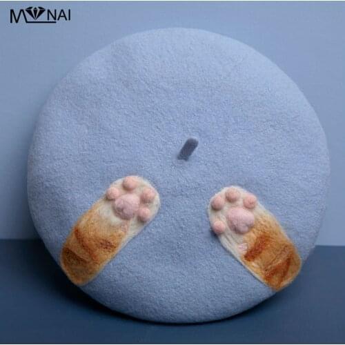 Cosplay Party Beret Handmade Wool Felt Winter Painter Hat Creative Cute Cat Paw Pattern Berets Vintage Fashion Show