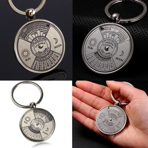 Mini Perpetual Calendar Keychain Unique Metal Keyring Zinc Alloy Sun Moon Carving 2010 to 2060 Calendar Key Ring Creative Gifts